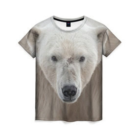 Женская футболка 3D с принтом Белый медведь в Белгороде, 100% полиэфир ( синтетическое хлопкоподобное полотно) | прямой крой, круглый вырез горловины, длина до линии бедер | animal | bear | eyes | head | north | polar | predator | white | wild | белый | взгляд | голова | дикий | животное | медведь | полярный | север | хищник