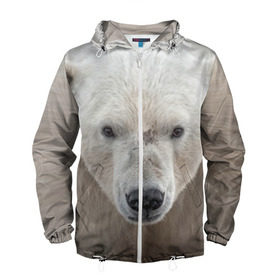 Мужская ветровка 3D с принтом Белый медведь в Белгороде, 100% полиэстер | подол и капюшон оформлены резинкой с фиксаторами, два кармана без застежек по бокам, один потайной карман на груди | animal | bear | eyes | head | north | polar | predator | white | wild | белый | взгляд | голова | дикий | животное | медведь | полярный | север | хищник