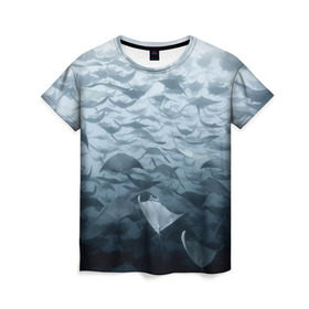 Женская футболка 3D с принтом Электрические скаты в Белгороде, 100% полиэфир ( синтетическое хлопкоподобное полотно) | прямой крой, круглый вырез горловины, длина до линии бедер | depth | fish | lot | ocean | power | rays | school | sea | water | вода | глубина | косяк | много | море | океан | рыбы | скаты | электрические