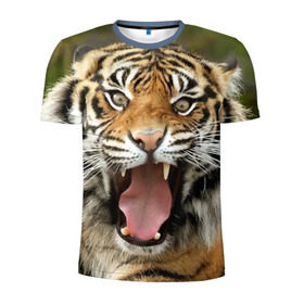 Мужская футболка 3D спортивная с принтом Тигр в Белгороде, 100% полиэстер с улучшенными характеристиками | приталенный силуэт, круглая горловина, широкие плечи, сужается к линии бедра | angry | animal | beast | jaws | predator | teeth | tiger | животное | зверь | злой | клыки | оскал | пасть | тигр | хищник