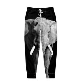 Мужские брюки 3D с принтом Слон в Белгороде, 100% полиэстер | манжеты по низу, эластичный пояс регулируется шнурком, по бокам два кармана без застежек, внутренняя часть кармана из мелкой сетки | Тематика изображения на принте: africa | big | black   white | elephant is an animal | shroud | tusks | африка | бивни | большой | животное | идет | савана | слон | черно   белый