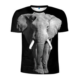 Мужская футболка 3D спортивная с принтом Слон в Белгороде, 100% полиэстер с улучшенными характеристиками | приталенный силуэт, круглая горловина, широкие плечи, сужается к линии бедра | Тематика изображения на принте: africa | big | black   white | elephant is an animal | shroud | tusks | африка | бивни | большой | животное | идет | савана | слон | черно   белый