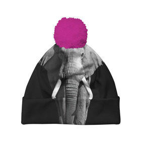Шапка 3D c помпоном с принтом Слон в Белгороде, 100% полиэстер | универсальный размер, печать по всей поверхности изделия | africa | big | black   white | elephant is an animal | shroud | tusks | африка | бивни | большой | животное | идет | савана | слон | черно   белый