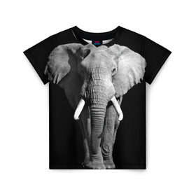 Детская футболка 3D с принтом Слон в Белгороде, 100% гипоаллергенный полиэфир | прямой крой, круглый вырез горловины, длина до линии бедер, чуть спущенное плечо, ткань немного тянется | Тематика изображения на принте: africa | big | black   white | elephant is an animal | shroud | tusks | африка | бивни | большой | животное | идет | савана | слон | черно   белый