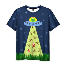 Мужская футболка 3D с принтом Похищение Санта Клауса в Белгороде, 100% полиэфир | прямой крой, круглый вырез горловины, длина до линии бедер | вязанный | дед мороз | нлоб инопланетяне | новый год | рождество | свитер