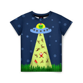 Детская футболка 3D с принтом Похищение Санта Клауса в Белгороде, 100% гипоаллергенный полиэфир | прямой крой, круглый вырез горловины, длина до линии бедер, чуть спущенное плечо, ткань немного тянется | вязанный | дед мороз | нлоб инопланетяне | новый год | рождество | свитер