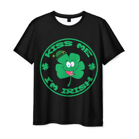 Мужская футболка 3D с принтом Ireland, Kiss me, I`m Irish в Белгороде, 100% полиэфир | прямой крой, круглый вырез горловины, длина до линии бедер | Тематика изображения на принте: animation | background | black | clover | four | green | hat | im irish | ireland | kiss me | leaf | petal | printing | smile | анимация | зелёный | ирландец | ирландия | клевер | лепесток | листок | меня | печать | поцелуй | улыбка | фон | черный | четыр