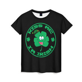 Женская футболка 3D с принтом Ireland, Kiss me, I`m Irish в Белгороде, 100% полиэфир ( синтетическое хлопкоподобное полотно) | прямой крой, круглый вырез горловины, длина до линии бедер | animation | background | black | clover | four | green | hat | im irish | ireland | kiss me | leaf | petal | printing | smile | анимация | зелёный | ирландец | ирландия | клевер | лепесток | листок | меня | печать | поцелуй | улыбка | фон | черный | четыр
