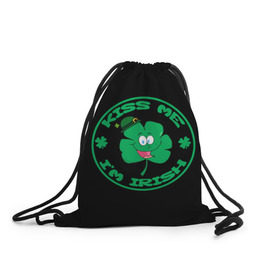 Рюкзак-мешок 3D с принтом Ireland, Kiss me, I`m Irish в Белгороде, 100% полиэстер | плотность ткани — 200 г/м2, размер — 35 х 45 см; лямки — толстые шнурки, застежка на шнуровке, без карманов и подкладки | animation | background | black | clover | four | green | hat | im irish | ireland | kiss me | leaf | petal | printing | smile | анимация | зелёный | ирландец | ирландия | клевер | лепесток | листок | меня | печать | поцелуй | улыбка | фон | черный | четыр