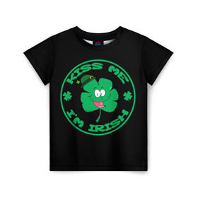 Детская футболка 3D с принтом Ireland, Kiss me, I`m Irish в Белгороде, 100% гипоаллергенный полиэфир | прямой крой, круглый вырез горловины, длина до линии бедер, чуть спущенное плечо, ткань немного тянется | Тематика изображения на принте: animation | background | black | clover | four | green | hat | im irish | ireland | kiss me | leaf | petal | printing | smile | анимация | зелёный | ирландец | ирландия | клевер | лепесток | листок | меня | печать | поцелуй | улыбка | фон | черный | четыр