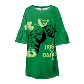Детское платье 3D с принтом Ireland, Irish dance в Белгороде, 100% полиэстер | прямой силуэт, чуть расширенный к низу. Круглая горловина, на рукавах — воланы | Тематика изображения на принте: background | black | clover | dance | green | ireland | irish | petal | soft shoes | зеленый | ирландия | ирландский | клевер | лепесток | мягкая | обувь | танец | фон | черная