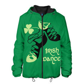 Мужская куртка 3D с принтом Ireland, Irish dance в Белгороде, ткань верха — 100% полиэстер, подклад — флис | прямой крой, подол и капюшон оформлены резинкой с фиксаторами, два кармана без застежек по бокам, один большой потайной карман на груди. Карман на груди застегивается на липучку | background | black | clover | dance | green | ireland | irish | petal | soft shoes | зеленый | ирландия | ирландский | клевер | лепесток | мягкая | обувь | танец | фон | черная