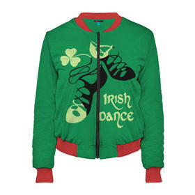 Женский бомбер 3D с принтом Ireland, Irish dance в Белгороде, 100% полиэстер | застегивается на молнию, по бокам два кармана без застежек, мягкие манжеты, по низу бомбера и на воротнике — эластичная резинка | Тематика изображения на принте: background | black | clover | dance | green | ireland | irish | petal | soft shoes | зеленый | ирландия | ирландский | клевер | лепесток | мягкая | обувь | танец | фон | черная