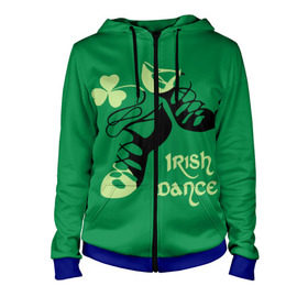 Женская толстовка 3D на молнии с принтом Ireland, Irish dance в Белгороде, 100% полиэстер | длина до линии бедра, манжеты и пояс оформлены мягкой тканевой резинкой, двухслойный капюшон со шнурком для регулировки, спереди молния, по бокам два кармана | background | black | clover | dance | green | ireland | irish | petal | soft shoes | зеленый | ирландия | ирландский | клевер | лепесток | мягкая | обувь | танец | фон | черная