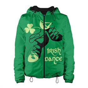Женская куртка 3D с принтом Ireland, Irish dance в Белгороде, ткань верха — 100% полиэстер, подклад — флис | прямой крой, подол и капюшон оформлены резинкой с фиксаторами, два кармана без застежек по бокам, один большой потайной карман на груди. Карман на груди застегивается на липучку | background | black | clover | dance | green | ireland | irish | petal | soft shoes | зеленый | ирландия | ирландский | клевер | лепесток | мягкая | обувь | танец | фон | черная