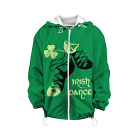 Детская куртка 3D с принтом Ireland, Irish dance в Белгороде, 100% полиэстер | застежка — молния, подол и капюшон оформлены резинкой с фиксаторами, по бокам — два кармана без застежек, один потайной карман на груди, плотность верхнего слоя — 90 г/м2; плотность флисового подклада — 260 г/м2 | background | black | clover | dance | green | ireland | irish | petal | soft shoes | зеленый | ирландия | ирландский | клевер | лепесток | мягкая | обувь | танец | фон | черная