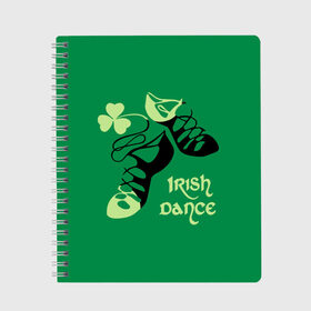Тетрадь с принтом Ireland Irish dance в Белгороде, 100% бумага | 48 листов, плотность листов — 60 г/м2, плотность картонной обложки — 250 г/м2. Листы скреплены сбоку удобной пружинной спиралью. Уголки страниц и обложки скругленные. Цвет линий — светло-серый
 | background | black | clover | dance | green | ireland | irish | petal | soft shoes | зеленый | ирландия | ирландский | клевер | лепесток | мягкая | обувь | танец | фон | черная