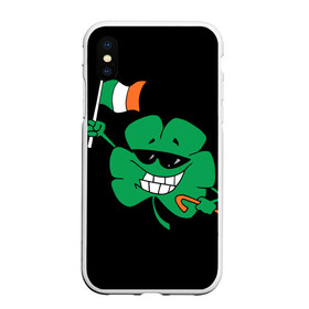 Чехол для iPhone XS Max матовый с принтом Ирландия клевер с флагом в Белгороде, Силикон | Область печати: задняя сторона чехла, без боковых панелей | animation | background | black | clover | flag | ireland | smile | stick | teeth | анимация | зубы | ирландия | клевер | очки | палка | улыбка | флаг | фон | черный