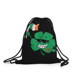 Рюкзак-мешок 3D с принтом Ирландия, клевер с флагом в Белгороде, 100% полиэстер | плотность ткани — 200 г/м2, размер — 35 х 45 см; лямки — толстые шнурки, застежка на шнуровке, без карманов и подкладки | animation | background | black | clover | flag | ireland | smile | stick | teeth | анимация | зубы | ирландия | клевер | очки | палка | улыбка | флаг | фон | черный