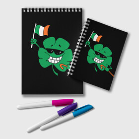 Блокнот с принтом Ирландия клевер с флагом в Белгороде, 100% бумага | 48 листов, плотность листов — 60 г/м2, плотность картонной обложки — 250 г/м2. Листы скреплены удобной пружинной спиралью. Цвет линий — светло-серый
 | Тематика изображения на принте: animation | background | black | clover | flag | ireland | smile | stick | teeth | анимация | зубы | ирландия | клевер | очки | палка | улыбка | флаг | фон | черный