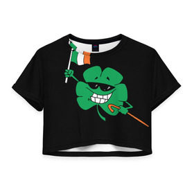 Женская футболка 3D укороченная с принтом Ирландия, клевер с флагом в Белгороде, 100% полиэстер | круглая горловина, длина футболки до линии талии, рукава с отворотами | animation | background | black | clover | flag | ireland | smile | stick | teeth | анимация | зубы | ирландия | клевер | очки | палка | улыбка | флаг | фон | черный