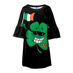 Детское платье 3D с принтом Ирландия, клевер с флагом в Белгороде, 100% полиэстер | прямой силуэт, чуть расширенный к низу. Круглая горловина, на рукавах — воланы | animation | background | black | clover | flag | ireland | smile | stick | teeth | анимация | зубы | ирландия | клевер | очки | палка | улыбка | флаг | фон | черный