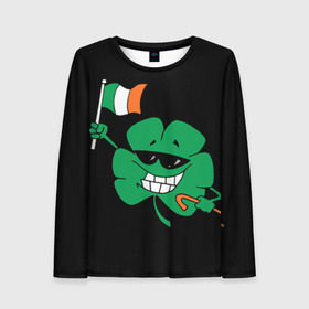 Женский лонгслив 3D с принтом Ирландия, клевер с флагом в Белгороде, 100% полиэстер | длинные рукава, круглый вырез горловины, полуприлегающий силуэт | animation | background | black | clover | flag | ireland | smile | stick | teeth | анимация | зубы | ирландия | клевер | очки | палка | улыбка | флаг | фон | черный
