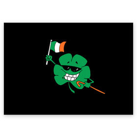 Поздравительная открытка с принтом Ирландия, клевер с флагом в Белгороде, 100% бумага | плотность бумаги 280 г/м2, матовая, на обратной стороне линовка и место для марки
 | animation | background | black | clover | flag | ireland | smile | stick | teeth | анимация | зубы | ирландия | клевер | очки | палка | улыбка | флаг | фон | черный