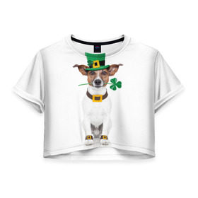 Женская футболка 3D укороченная с принтом Ирландия в Белгороде, 100% полиэстер | круглая горловина, длина футболки до линии талии, рукава с отворотами | animal | breed | clover | dog | folk | fun | funny | hat | hero | ireland | irish | saint patrick | герой | животное | ирландия | ирландский | клевер | народный | порода | прикол | святой патрик | собака | шляпа | шутка