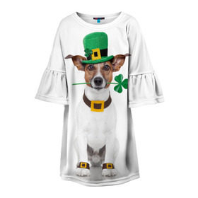 Детское платье 3D с принтом Ирландия в Белгороде, 100% полиэстер | прямой силуэт, чуть расширенный к низу. Круглая горловина, на рукавах — воланы | Тематика изображения на принте: animal | breed | clover | dog | folk | fun | funny | hat | hero | ireland | irish | saint patrick | герой | животное | ирландия | ирландский | клевер | народный | порода | прикол | святой патрик | собака | шляпа | шутка
