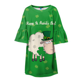 Детское платье 3D с принтом Ирландия в Белгороде, 100% полиэстер | прямой силуэт, чуть расширенный к низу. Круглая горловина, на рукавах — воланы | Тематика изображения на принте: irish | sheep | st. patricks day | зеленый | ирландец | лепрекон | оваечка | овца
