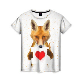 Женская футболка 3D с принтом Влюбленная лиса в Белгороде, 100% полиэфир ( синтетическое хлопкоподобное полотно) | прямой крой, круглый вырез горловины, длина до линии бедер | animal | beast | fox | heart | love | orange | животное | зверь | лис | лиса | личиска | любовь | рыжая | сердце