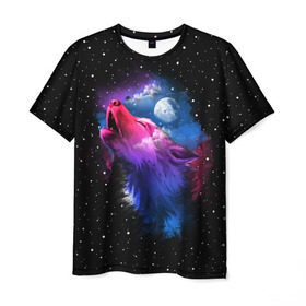 Мужская футболка 3D с принтом Воющий волк в Белгороде, 100% полиэфир | прямой крой, круглый вырез горловины, длина до линии бедер | animal | beast | cosmic | galaxy | moon | planet | rage | roar | space | star | universe | wild | wolf | волк | вселенная | галактика | животное | звезды | зверь | космос | луна | планета | рык | ярость