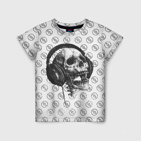 Детская футболка 3D с принтом Череп меломана в Белгороде, 100% гипоаллергенный полиэфир | прямой крой, круглый вырез горловины, длина до линии бедер, чуть спущенное плечо, ткань немного тянется | bone | dark | death | dubstep | electro | evil | hipster | metal | music | rock | skelet | skull | дабстеп | кости | меломан | метал | музыка | наушники | рок | скелет | хипстер | череп