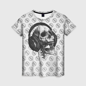 Женская футболка 3D с принтом Череп меломана в Белгороде, 100% полиэфир ( синтетическое хлопкоподобное полотно) | прямой крой, круглый вырез горловины, длина до линии бедер | bone | dark | death | dubstep | electro | evil | hipster | metal | music | rock | skelet | skull | дабстеп | кости | меломан | метал | музыка | наушники | рок | скелет | хипстер | череп
