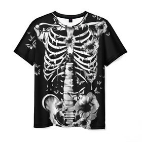Мужская футболка 3D с принтом Floral Skeleton в Белгороде, 100% полиэфир | прямой крой, круглый вырез горловины, длина до линии бедер | art | bone | dark | death | fashion | flower | hipster | skelet | skull | арт | грудь | кости | мода | ребра | скелет | стиль | темный | хипстер | цвет | череп