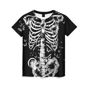 Женская футболка 3D с принтом Floral Skeleton в Белгороде, 100% полиэфир ( синтетическое хлопкоподобное полотно) | прямой крой, круглый вырез горловины, длина до линии бедер | art | bone | dark | death | fashion | flower | hipster | skelet | skull | арт | грудь | кости | мода | ребра | скелет | стиль | темный | хипстер | цвет | череп