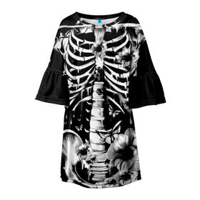 Детское платье 3D с принтом Floral Skeleton в Белгороде, 100% полиэстер | прямой силуэт, чуть расширенный к низу. Круглая горловина, на рукавах — воланы | art | bone | dark | death | fashion | flower | hipster | skelet | skull | арт | грудь | кости | мода | ребра | скелет | стиль | темный | хипстер | цвет | череп