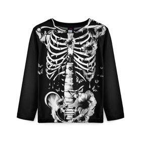 Детский лонгслив 3D с принтом Floral Skeleton в Белгороде, 100% полиэстер | длинные рукава, круглый вырез горловины, полуприлегающий силуэт
 | art | bone | dark | death | fashion | flower | hipster | skelet | skull | арт | грудь | кости | мода | ребра | скелет | стиль | темный | хипстер | цвет | череп