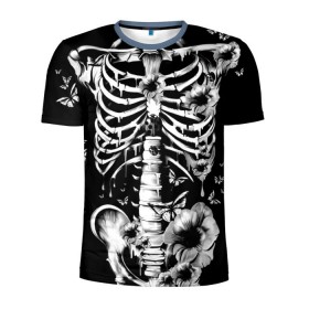 Мужская футболка 3D спортивная с принтом Floral Skeleton в Белгороде, 100% полиэстер с улучшенными характеристиками | приталенный силуэт, круглая горловина, широкие плечи, сужается к линии бедра | art | bone | dark | death | fashion | flower | hipster | skelet | skull | арт | грудь | кости | мода | ребра | скелет | стиль | темный | хипстер | цвет | череп