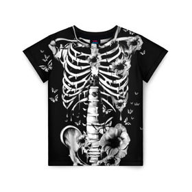 Детская футболка 3D с принтом Floral Skeleton в Белгороде, 100% гипоаллергенный полиэфир | прямой крой, круглый вырез горловины, длина до линии бедер, чуть спущенное плечо, ткань немного тянется | art | bone | dark | death | fashion | flower | hipster | skelet | skull | арт | грудь | кости | мода | ребра | скелет | стиль | темный | хипстер | цвет | череп