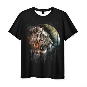 Мужская футболка 3D с принтом Космический тигр в Белгороде, 100% полиэфир | прямой крой, круглый вырез горловины, длина до линии бедер | animal | beast | cat | cosmic | galaxy | meow | moon | planet | roar | space | tiger | галактика | животное | зверь | космос | кот | кошка | луна | мяу | планета | рык | тигр | ярость