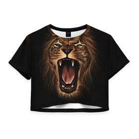 Женская футболка 3D укороченная с принтом Львиный рык в Белгороде, 100% полиэстер | круглая горловина, длина футболки до линии талии, рукава с отворотами | animal | beast | cat | feline | king | lion | meow | pussy | rage | roar | животное | зверь | король | кот | кошка | лев | львица | мяу | рык | хищник | царь | ярость