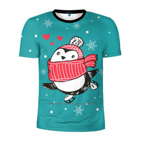 Мужская футболка 3D спортивная с принтом Пингвинчик на коньках в Белгороде, 100% полиэстер с улучшенными характеристиками | приталенный силуэт, круглая горловина, широкие плечи, сужается к линии бедра | 14 февраля | день святого валентина | зима | пингвин | снег | снежинки