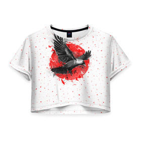 Женская футболка 3D укороченная с принтом Черный ворон в Белгороде, 100% полиэстер | круглая горловина, длина футболки до линии талии, рукава с отворотами | bird | black | fly | moon | sun | ворон | луна | полет | птица | солнце | черный