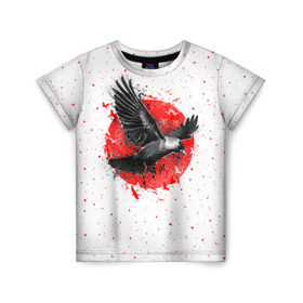 Детская футболка 3D с принтом Черный ворон в Белгороде, 100% гипоаллергенный полиэфир | прямой крой, круглый вырез горловины, длина до линии бедер, чуть спущенное плечо, ткань немного тянется | bird | black | fly | moon | sun | ворон | луна | полет | птица | солнце | черный