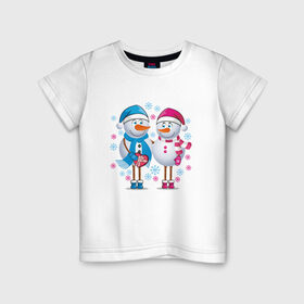 Детская футболка хлопок с принтом Снеговики. Любовь. Рождество. в Белгороде, 100% хлопок | круглый вырез горловины, полуприлегающий силуэт, длина до линии бедер | 