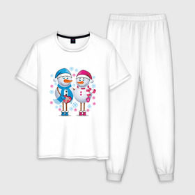 Мужская пижама хлопок с принтом Снеговики. Любовь. Рождество. в Белгороде, 100% хлопок | брюки и футболка прямого кроя, без карманов, на брюках мягкая резинка на поясе и по низу штанин
 | 