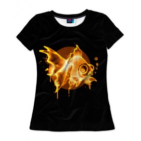 Женская футболка 3D с принтом Золотая рыбка в Белгороде, 100% полиэфир ( синтетическое хлопкоподобное полотно) | прямой крой, круглый вырез горловины, длина до линии бедер | агрессивные | арт | веселые | дыым | интересные | новинки | огонь | пламя | популярное | узор