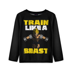 Детский лонгслив 3D с принтом Train Like a Beast в Белгороде, 100% полиэстер | длинные рукава, круглый вырез горловины, полуприлегающий силуэт
 | dragon ball | strong | workout | воркаут | драгон бол